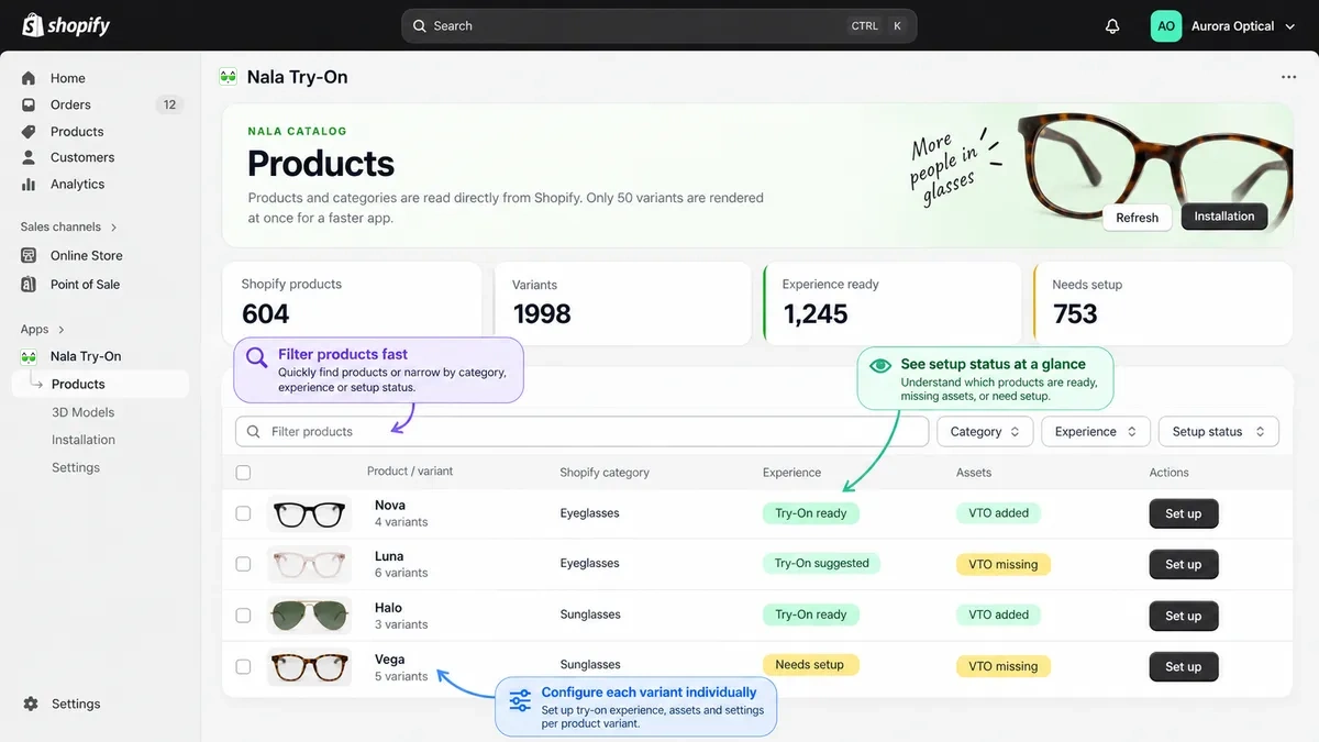 The catalogue comes from Shopify — you see what is ready and what is not.