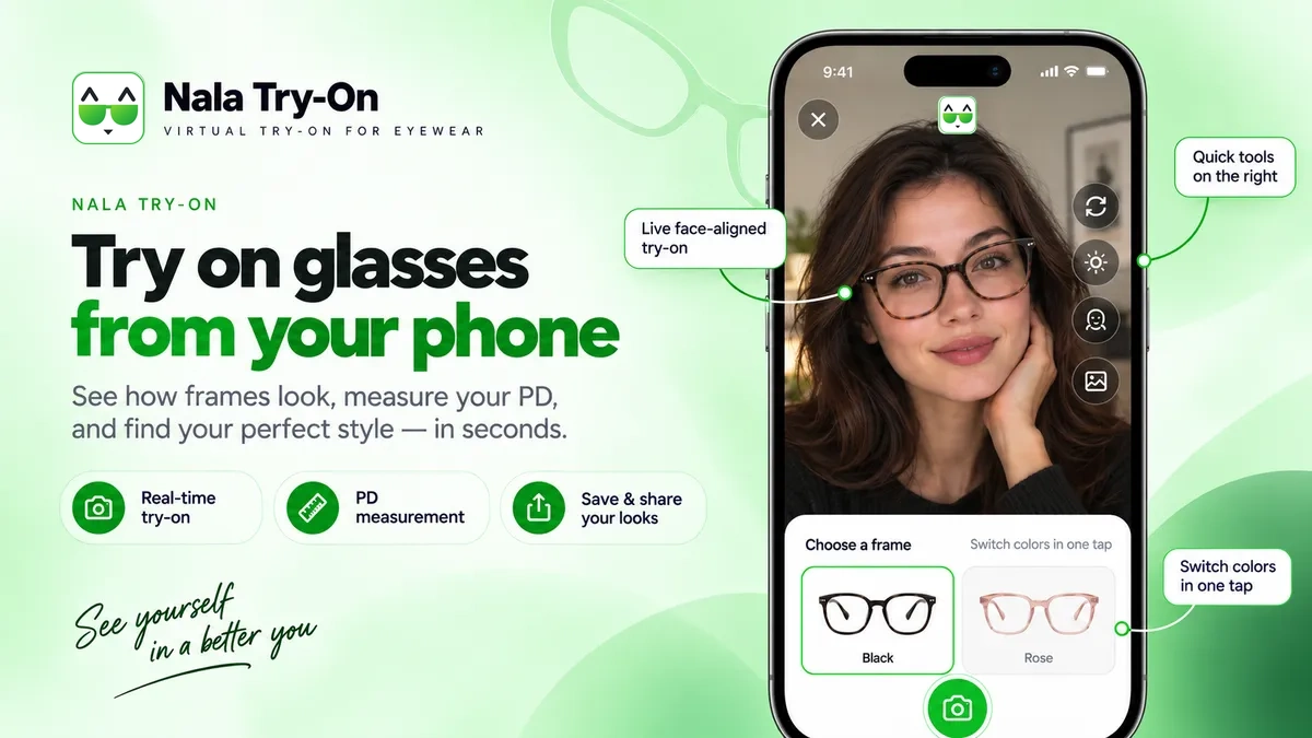 The shopper points the camera and sees the frames on their own face.